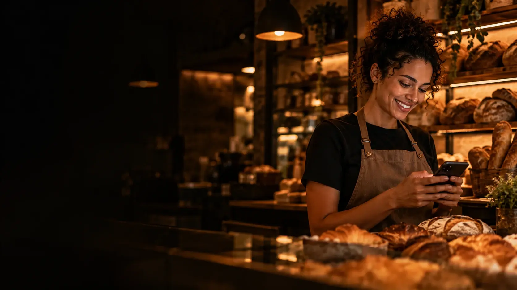 Empreendedora atrás do balcão de uma padaria, entre pães e luz quente